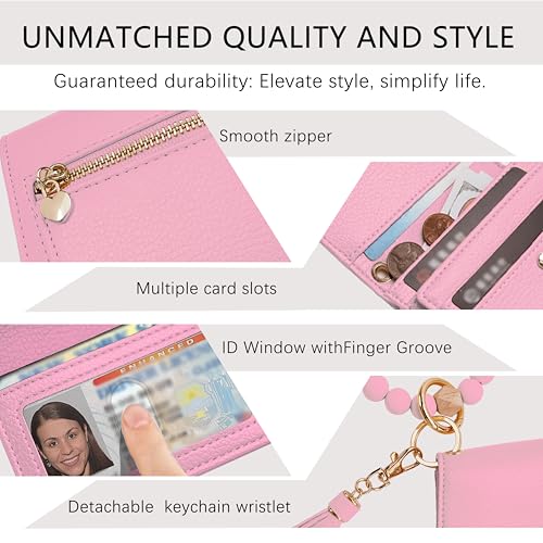 Sunpour Keychain Wallet RFID Wristlet Wallets for Women,Small Wallets Woman Key Chain Wallet with Coin Pocket and Id Window (Pink) - Image 4