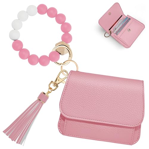 Sunpour Keychain Wallet RFID Wristlet Wallets for Women,Small Wallets Woman Key Chain Wallet with Coin Pocket and Id Window (Pink) - Image 1