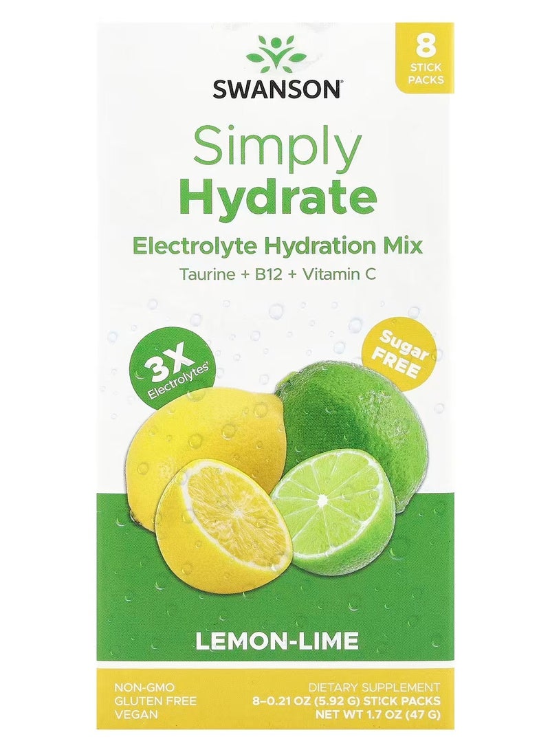 Swanson, Simply Hydrate, Electrolyte Hydration Mix, Lemon-Lime, 8 Stick Packs, 0.21 oz (5.92 g) Each