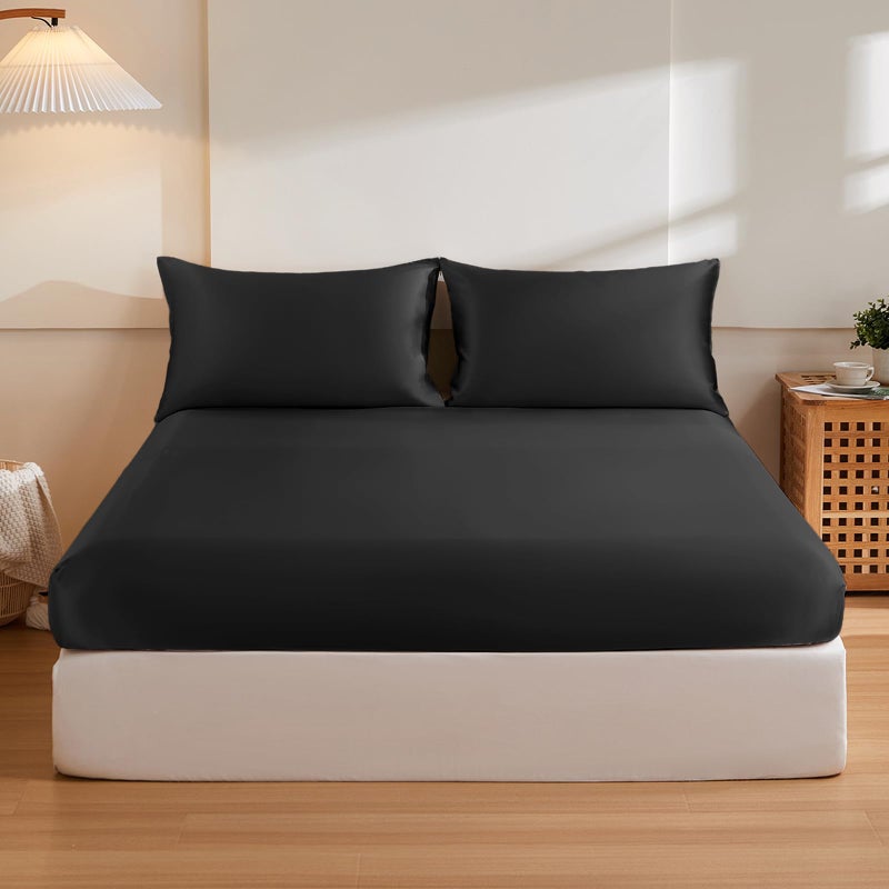 THXSILK 6A Top Grade 100 Pure Mulberry Silk Twin Fitted Sheet 3Pcs Set Bed Sheets Luxury Bedding for Hair and Skin Breathable Cooling Safe Material 1 Fitted Sheet with 2 Pillowcases Black - Image 2
