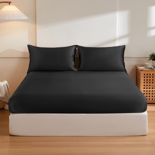 THXSILK 6A Top Grade 100 Pure Mulberry Silk Twin Fitted Sheet 3Pcs Set Bed Sheets Luxury Bedding for Hair and Skin Breathable Cooling Safe Material 1 Fitted Sheet with 2 Pillowcases Black - Image 1