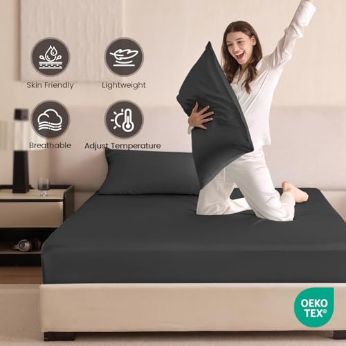 THXSILK 6A Top Grade 100 Pure Mulberry Silk Twin Fitted Sheet 3Pcs Set Bed Sheets Luxury Bedding for Hair and Skin Breathable Cooling Safe Material 1 Fitted Sheet with 2 Pillowcases Black - Image 3