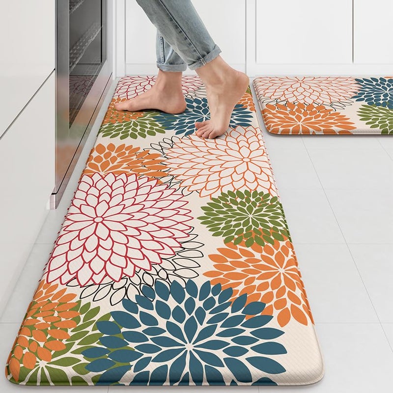 Kitchen Rugs and Mats Cushioned Anti Fatigue Kitchen Mat 2PCS NonSkid Waterproof Kitchen Runner Rug Comfort Foam Standing Mat for FloorsOfficeLaundrySinkFloral