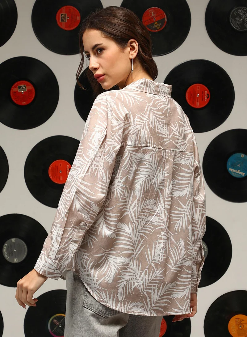 Campus Sutra Women's Sand Beige Soft Fern Oversized Shirt For Casual Wear | Spread Collar | Long Sleeves | Button Closure | Oversized Shirt Crafted With Comfort Fit For Everyday Wear