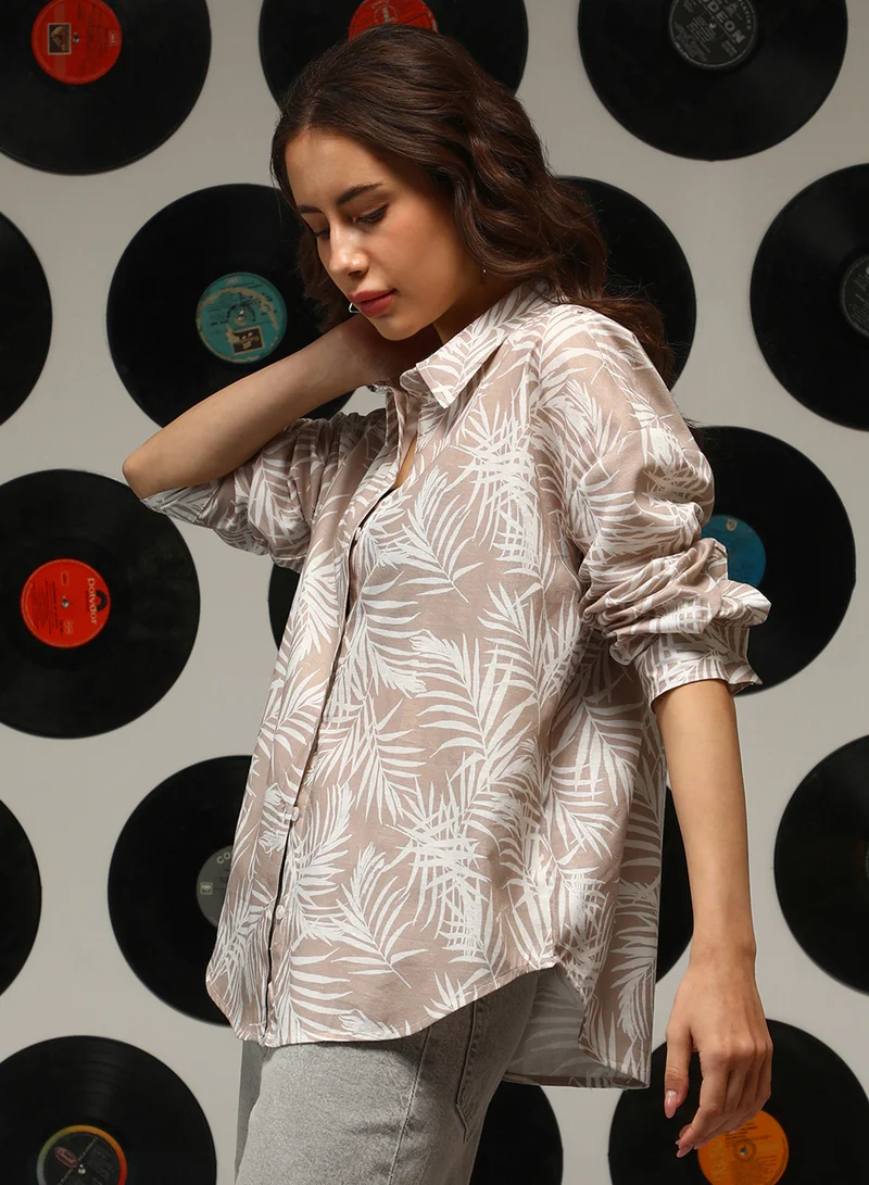 Campus Sutra Women's Sand Beige Soft Fern Oversized Shirt For Casual Wear | Spread Collar | Long Sleeves | Button Closure | Oversized Shirt Crafted With Comfort Fit For Everyday Wear
