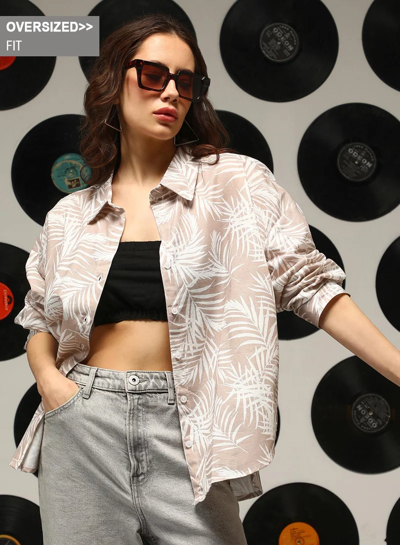 Campus Sutra Women's Sand Beige Soft Fern Oversized Shirt For Casual Wear | Spread Collar | Long Sleeves | Button Closure | Oversized Shirt Crafted With Comfort Fit For Everyday Wear