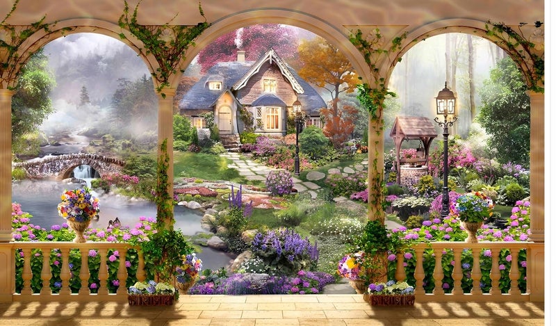 Backdropon خلفية حديقة التراس غابة الحكايات سر الحديقة منظر طبيعي خلفية غابة منزل خشبي شرفة مشهد خلفية لصور البورتريه حجم 5 أقدام ارتفاع و 8 أقدام عرض (5 * 8) - Image 1