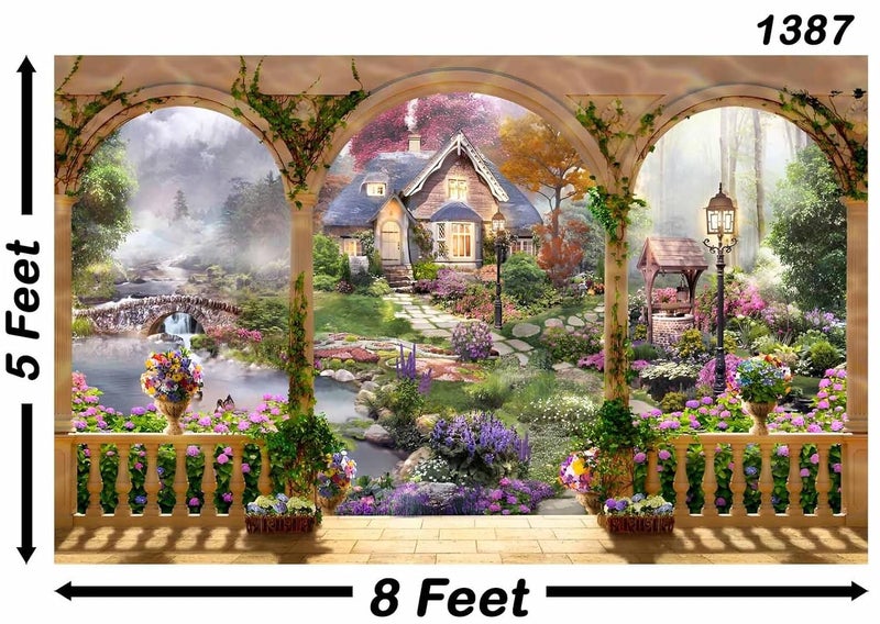 Backdropon خلفية حديقة التراس غابة الحكايات سر الحديقة منظر طبيعي خلفية غابة منزل خشبي شرفة مشهد خلفية لصور البورتريه حجم 5 أقدام ارتفاع و 8 أقدام عرض (5 * 8) - Image 3