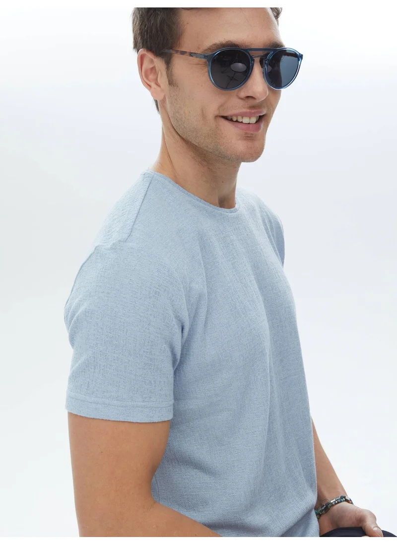 Kip Blue Jacquard Crew Neck Cotton Blend T-Shirt