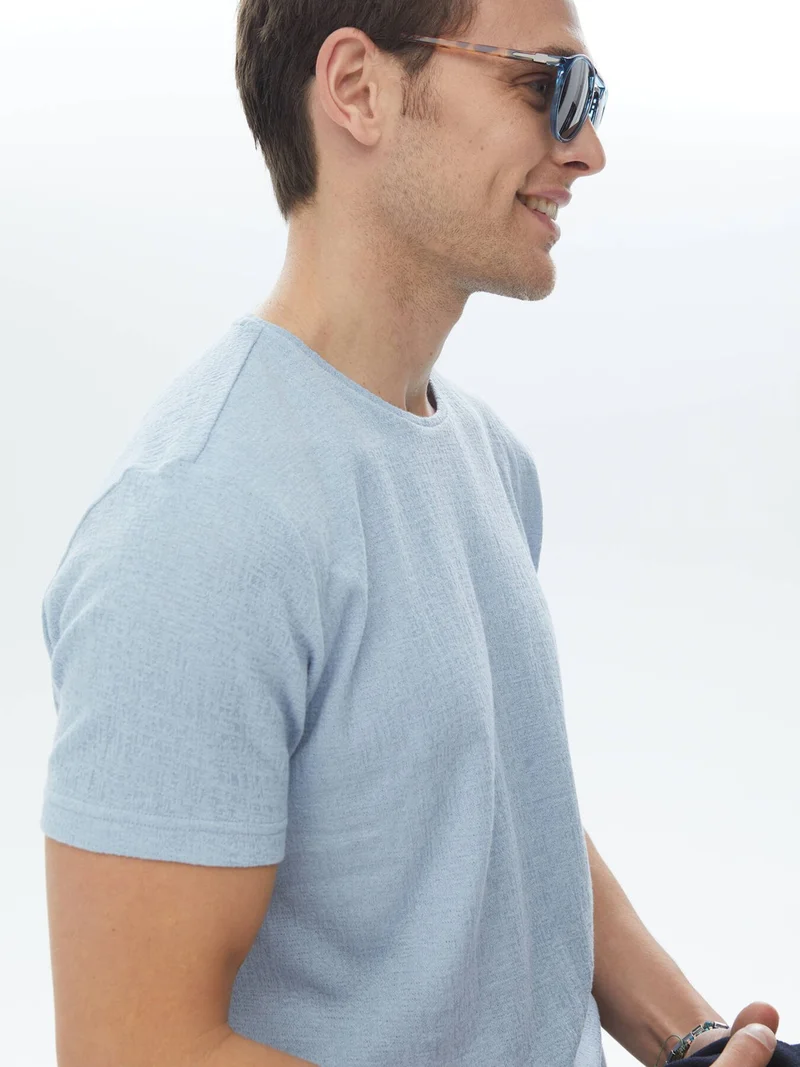 Kip Blue Jacquard Crew Neck Cotton Blend T-Shirt