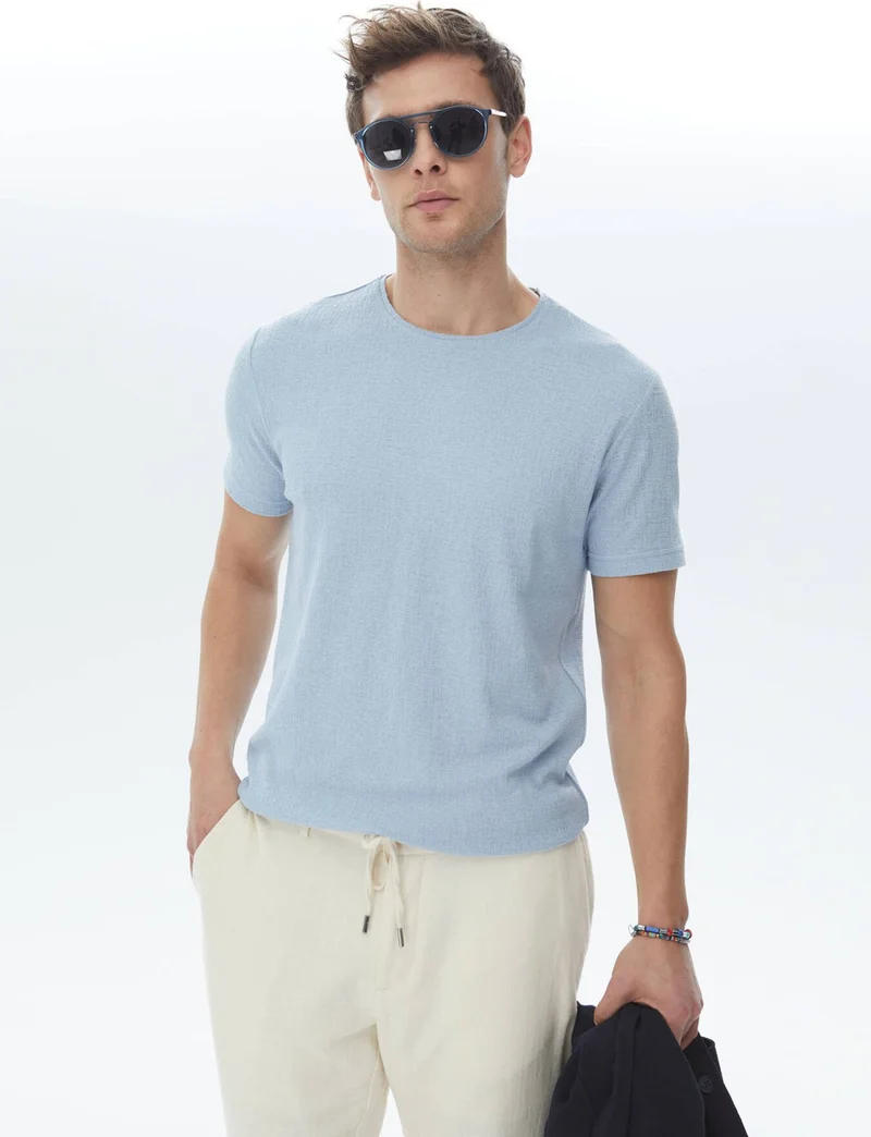 Kip Blue Jacquard Crew Neck Cotton Blend T-Shirt