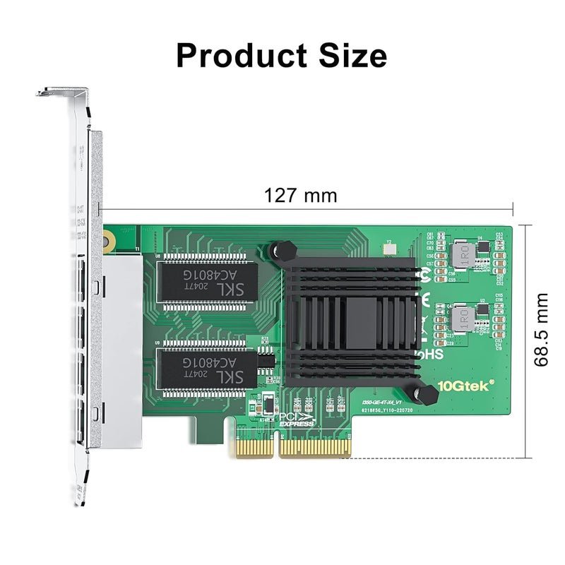 10جتيك محول شبكة متقارب إيثرنت جيجابت 1000 ميجابت في الثانية (NIC) مع شريحة Intel I350 | بطاقة شبكة PCI Express إيثرنت NIC | أربعة منافذ RJ45 نحاسية | PCI Express 2.1 X4 | مقارنة مع Intel I350-T4 - Image 3