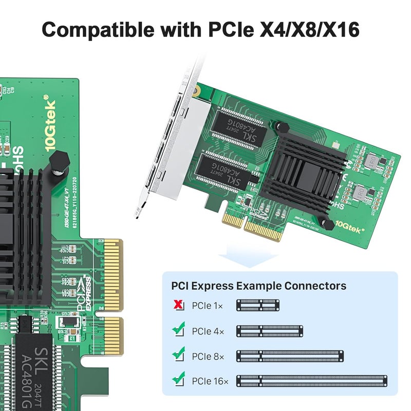 10جتيك محول شبكة متقارب إيثرنت جيجابت 1000 ميجابت في الثانية (NIC) مع شريحة Intel I350 | بطاقة شبكة PCI Express إيثرنت NIC | أربعة منافذ RJ45 نحاسية | PCI Express 2.1 X4 | مقارنة مع Intel I350-T4 - Image 2