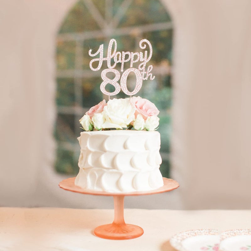 LASKYER Happy 80th Birthday Rose Gold Rhinestone Cake Topper - 80th Birthday/Anniversary Cheers to Eighty Years Old Bday Party Metal Sparkly Centerpieces Decorations. - Image 2