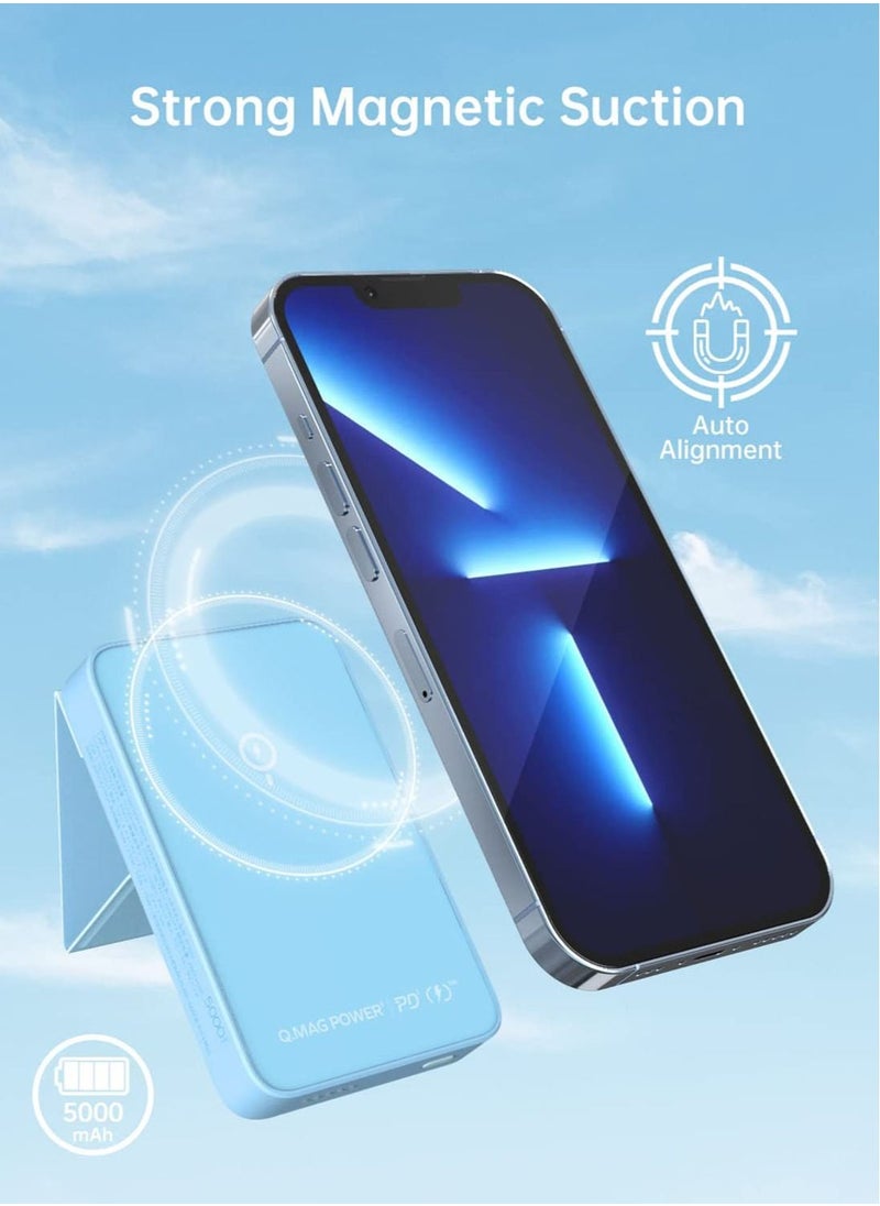 Momax - Q.Mag Power 9 5000mAh Magnetic Wireless Battery Pack With Stand Compatible With Magsafe - Blue - Image 1