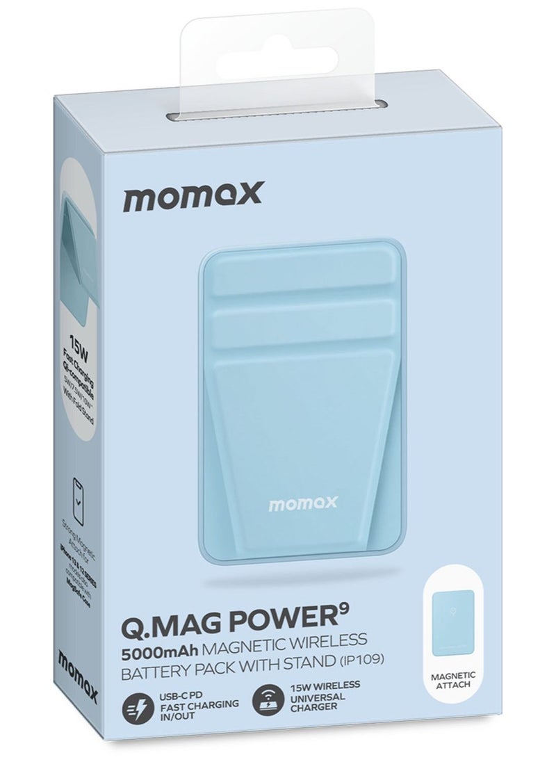 Momax - Q.Mag Power 9 5000mAh Magnetic Wireless Battery Pack With Stand Compatible With Magsafe - Blue - Image 1