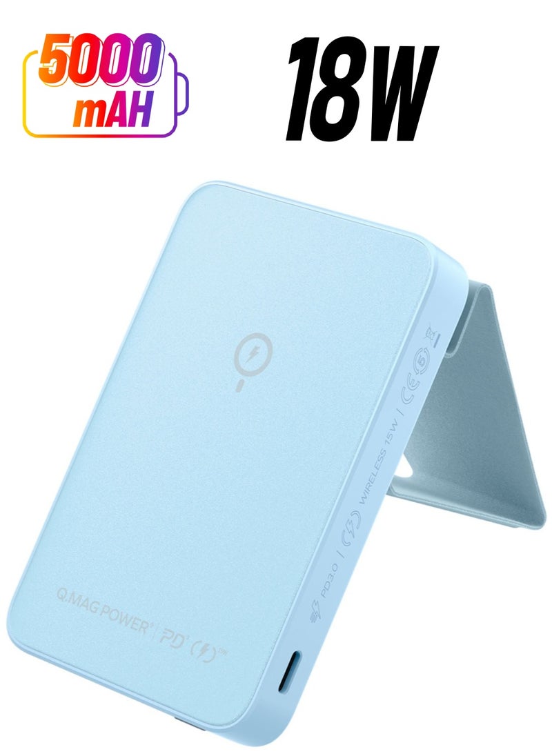 Momax - Q.Mag Power 9 5000mAh Magnetic Wireless Battery Pack With Stand Compatible With Magsafe - Blue - Image 1