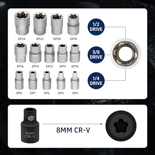 Kuntech 15pc External Torx Plus Socket Set Compatible with Tesla, 6 Point EP Sockets EP4, EP5, EP6, EP7, EP8, EP10, EP11, EP12, EP14, EP16, EP18, EP20, EP22, EP24 with 1/2'' 3/8'' 1/4'' Dr, Silver - Image 3