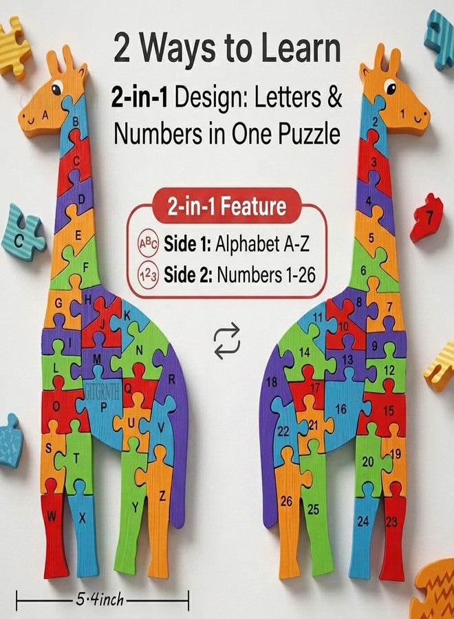 GITGRNTH 2 in 1 Multicolor Wooden Giraffe Shaped Alphabets A to Z & Numbers 1 to 26 Learning to Both Sides Puzzle 3D Jigsaw Block Puzzles for Preschool Kids 1+Yrs -Wooden Toy for Toddlers Boys Girls - Image 3