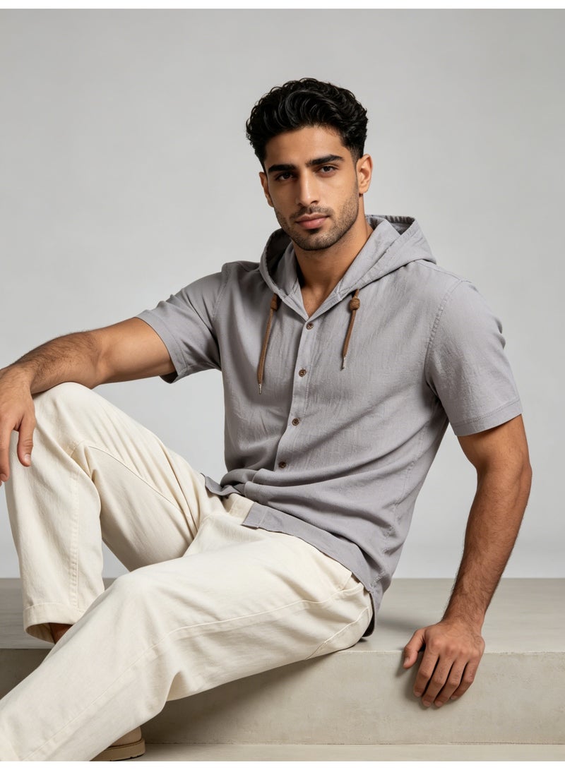 زارا ZARA Men’s Light Grey Short Sleeve Hooded Button Down Shirt - Image 1