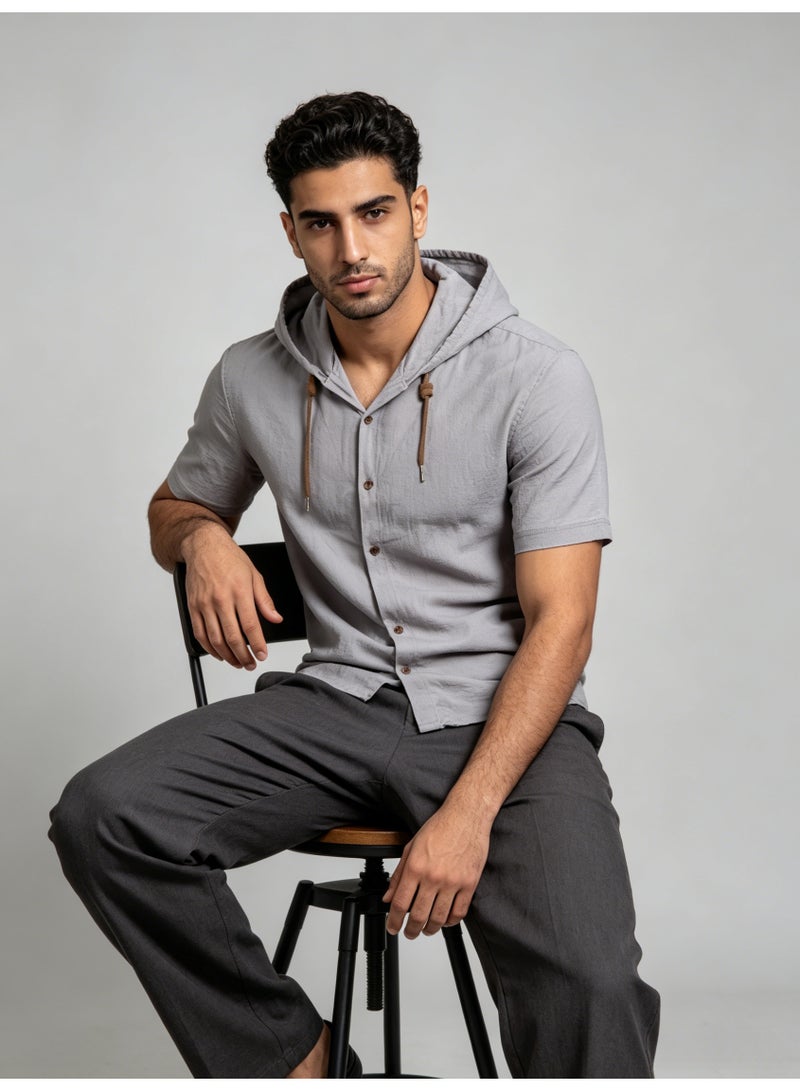 زارا ZARA Men’s Light Grey Short Sleeve Hooded Button Down Shirt - Image 2