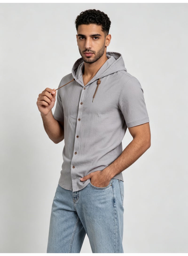 زارا ZARA Men’s Light Grey Short Sleeve Hooded Button Down Shirt - Image 4