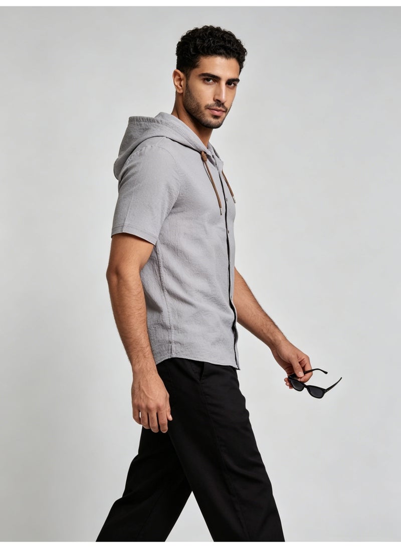 زارا ZARA Men’s Light Grey Short Sleeve Hooded Button Down Shirt - Image 3