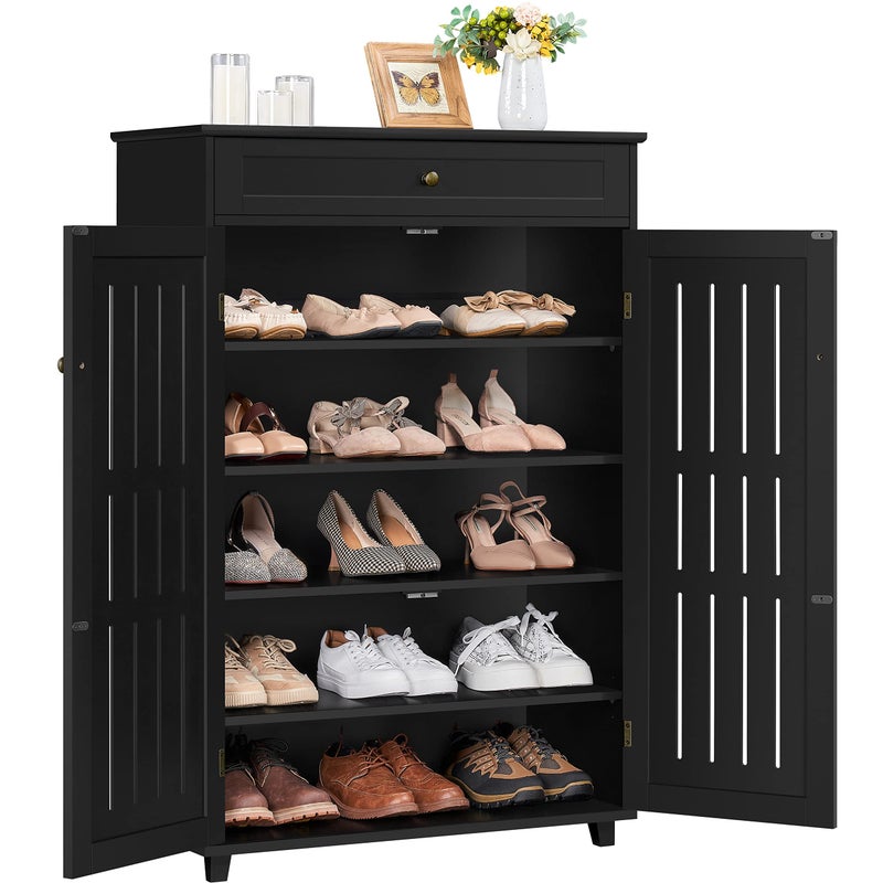 Yaheetech Shoe Cabinet 5Tier Shoe Rack Organizer with 1 Drawer Freestanding Wooden Shoe Storage Cabinet with 2 Louvered Door  Adjustable Shelves for Entryway Hallway Black