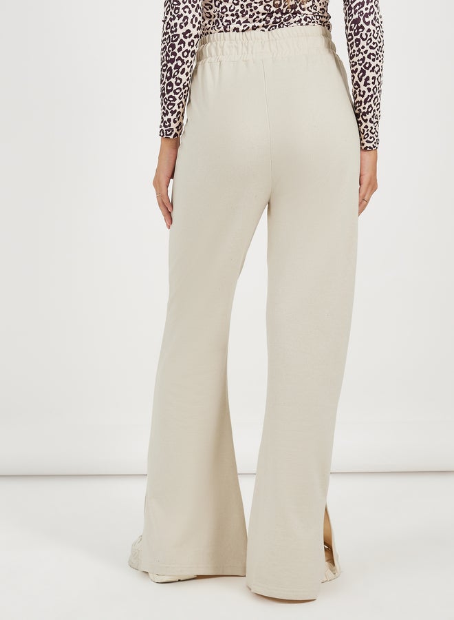 Styli Solid Drawstring Waist Flared Joggers with Side Slit  - Image 4