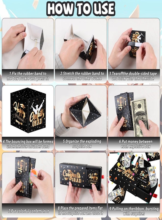 WenmthG 2026 Graduation Surprise Gift Box Explosion for Money - 10 Pcs Grad Pop Out Folding Bounce Money Gift Box with Confetti - Cash Gift Idea for Grad - Graduation Money Bank Party Supply (Black Gold) - Image 4