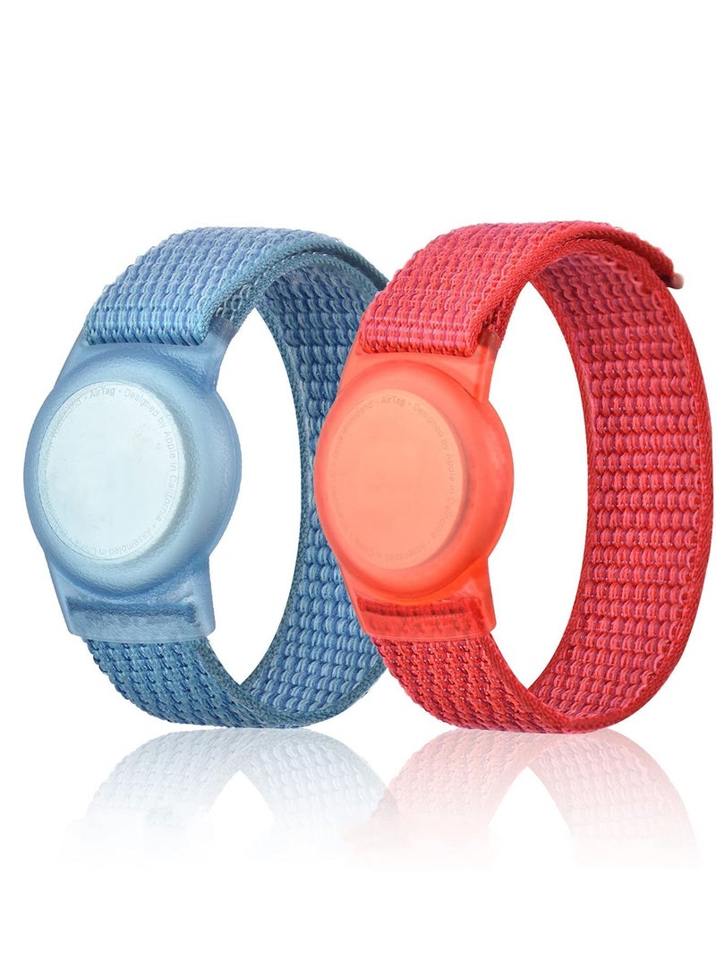 Y&D 2 Piece AirTag Kids Wristband with Adjustable Nylon Strap Holder Protector Breathable Anti Loss Bracelet for Toddler Child Elderly Blue and Red - Image 1