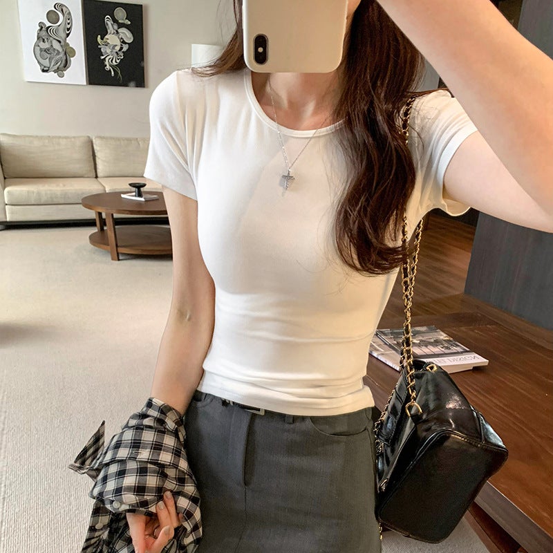 2025 Elegant European Fashionable High-End Sense Positive Shoulder Short-Sleeved T-Shirt Women'S Summer Commuter New Slim-Fit Slimming - Image 4