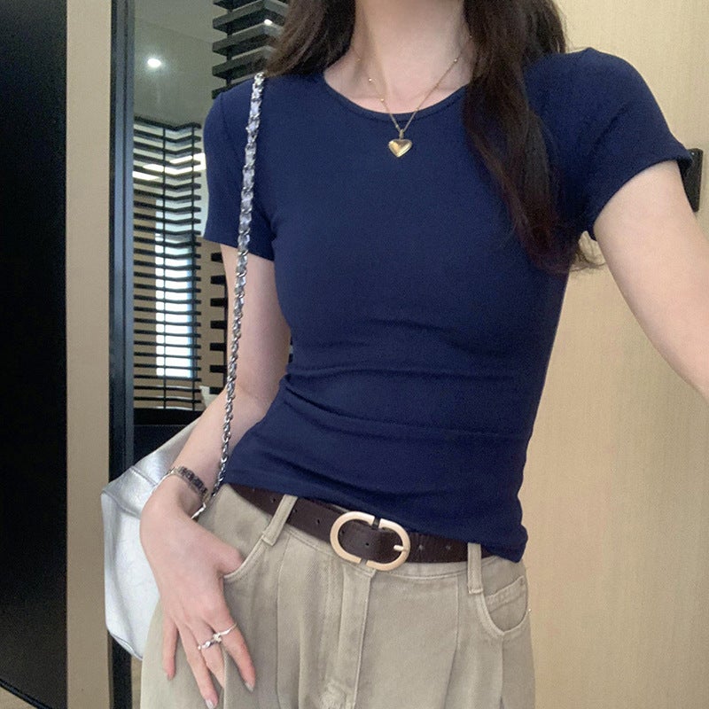 2025 Elegant European Fashionable High-End Sense Positive Shoulder Short-Sleeved T-Shirt Women'S Summer Commuter New Slim-Fit Slimming - Image 1