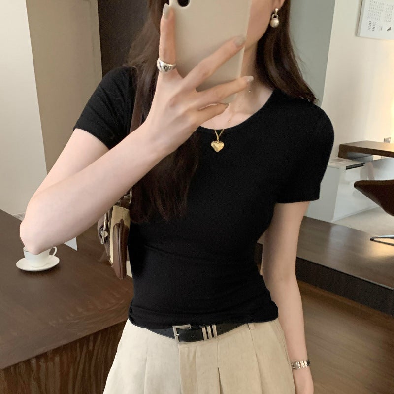 2025 Elegant European Fashionable High-End Sense Positive Shoulder Short-Sleeved T-Shirt Women'S Summer Commuter New Slim-Fit Slimming - Image 2