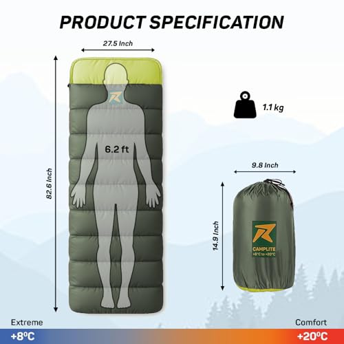 Rocksport Camp Lite Sleeping Bag for Adults (8°C to 20°C,Yellow - Army Green) | Lightweight, Compact & Waterproof Sleeping Bag for Men & Women | Butter NS Fabric, Indoor & Outdoor Camping Accessories - Image 3