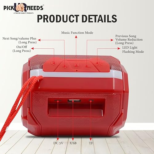 Pick Ur Needs Wireless Rechargeable Mega Bass Portable Bluetooth Speaker | Water Proof | Splash Proof | Premium Speaker Compatible with All Mobile Phone (Red) - Image 3