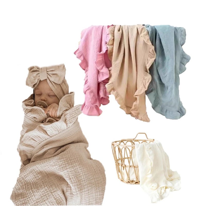 Bluejw Newborn Muslin Swaddle Blanket - Gauze Cotton Muslin Swaddlers with Ruffle Trim - Baby Toddler Photography Props - Image 2