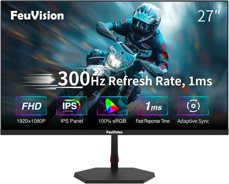 شاشة ألعاب FeuVision مقاس 27 بوصة، تردد 300 هرتز / 240 هرتز، دقة FHD 1920×1080p، لوحة IPS، زمن استجابة 1 مللي ثانية، مزامنة تكيفية، شاشة كمبيوتر، بدون إطار من ثلاث جهات، فائقة النحافة، تغطية ألوان sRGB 100%، حماية للعين، منفذا HDMI و منفذا DP - Image 1