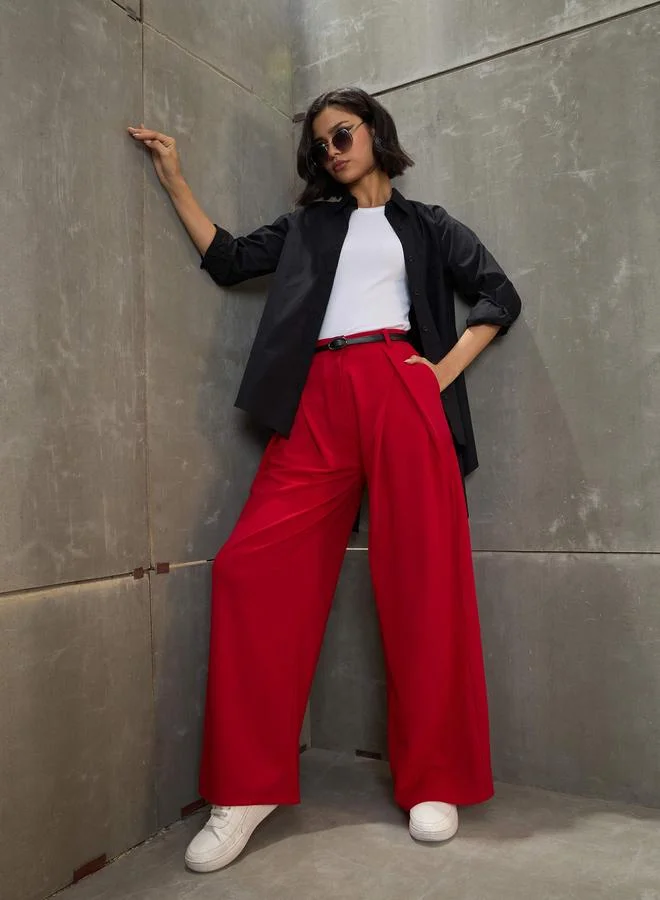 SASSAFRAS Sassafras Women Red Wrap Pleated Wide Leg Pants