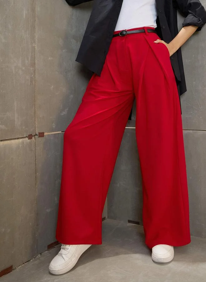SASSAFRAS Sassafras Women Red Wrap Pleated Wide Leg Pants