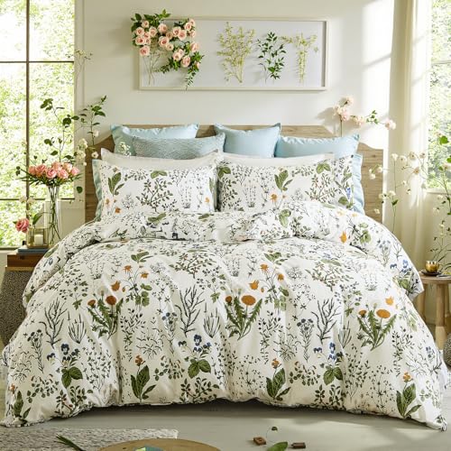 Cozaline Green Comforter Set King 100 Cotton Reversible Floral Pattern Comforter Set 3 Pcs Soft Cotton Lightweight Comforter All Season Soft Breathable Green Bedding Set - Image 1