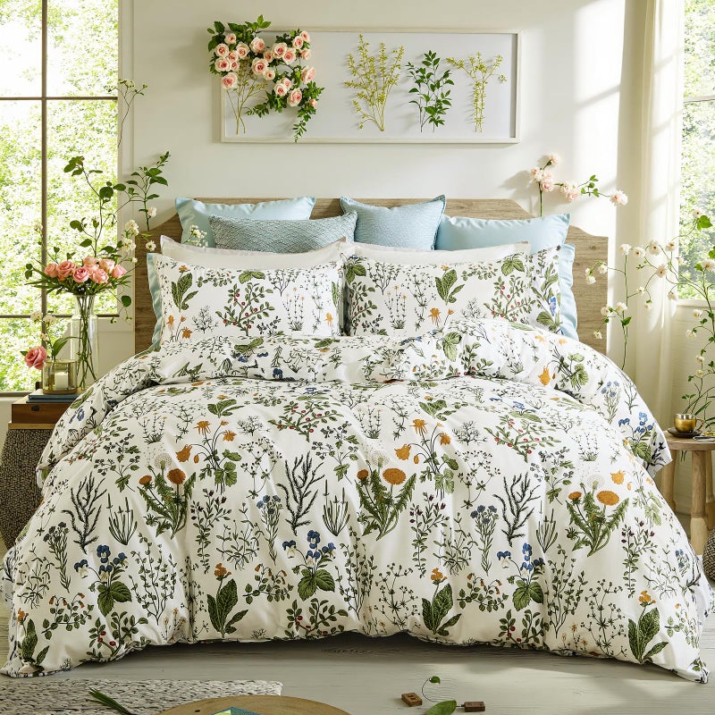 Cozaline Green Comforter Set King 100 Cotton Reversible Floral Pattern Comforter Set 3 Pcs Soft Cotton Lightweight Comforter All Season Soft Breathable Green Bedding Set - Image 2