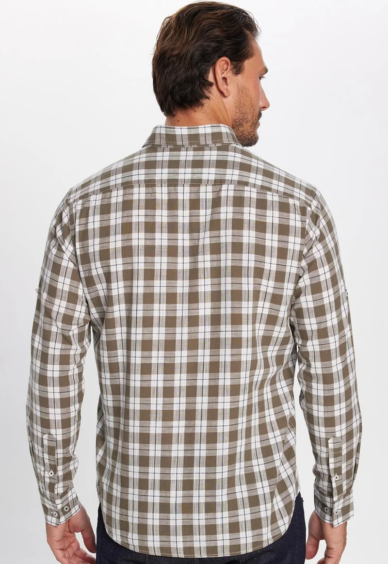 تودورس Men's Regular Fit Classic Cut Cotton Linen Texture Single Pocket Checkered Button-Down Collar Shirt