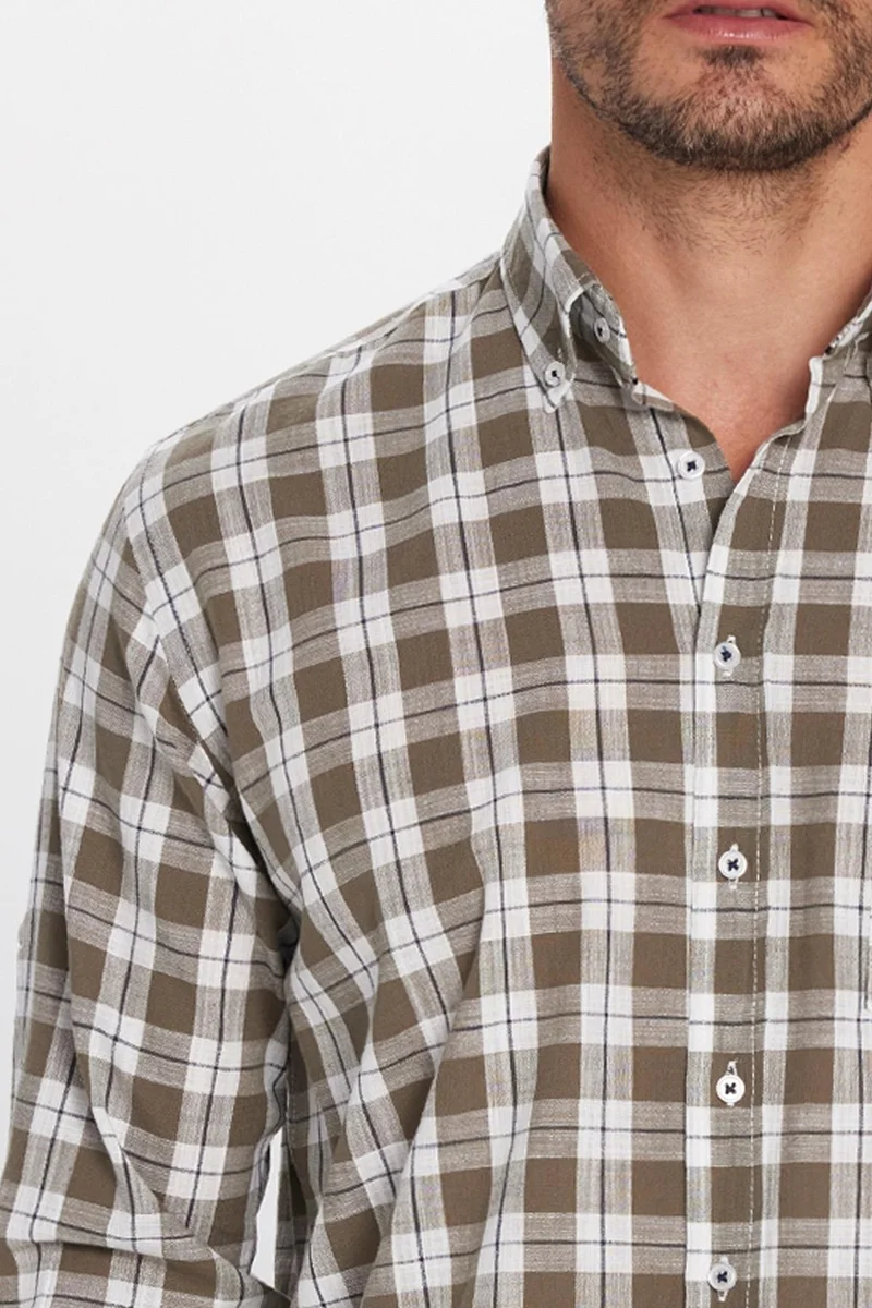 تودورس Men's Regular Fit Classic Cut Cotton Linen Texture Single Pocket Checkered Button-Down Collar Shirt