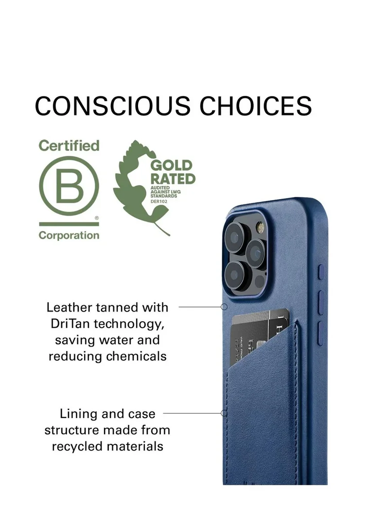 Mujjo iPhone 16 Pro - Premium European Leather Case with Card Pocket, Enhanced Phone & Camera Lens Protection, MagSafe Compatible - iPhone 16 Pro Card Wallet Case (Monaco Blue)