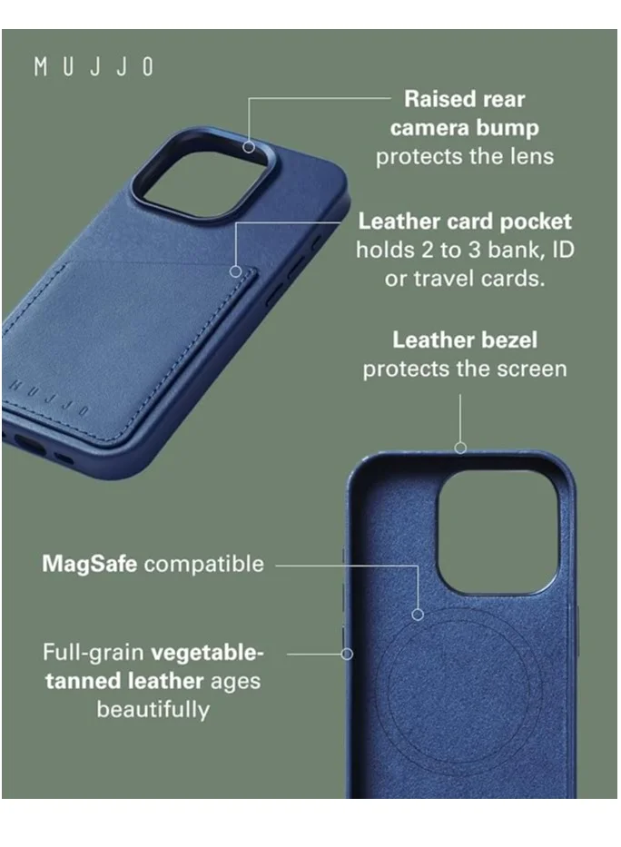 Mujjo iPhone 16 Pro - Premium European Leather Case with Card Pocket, Enhanced Phone & Camera Lens Protection, MagSafe Compatible - iPhone 16 Pro Card Wallet Case (Monaco Blue)