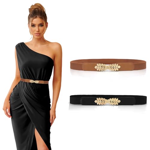 BendJoy® 2Pcs Elastic Waist Belt for Women, Vintage Leaf Design Ladies Belt, Fashionable Women Belts for Jeans and Dress (Black, Brown) - Image 1