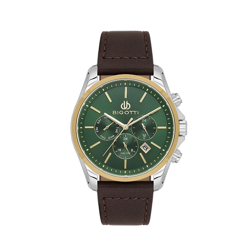 Bigotti Quotidiano Dark Brown Genuine Leather Watch for Men BG.1.10690-3 - Dark Green Sunray Dial, 42mm Case, Japanese Quartz, Day-Date Display, 50M Water Resistant, Mineral Glass - Image 1