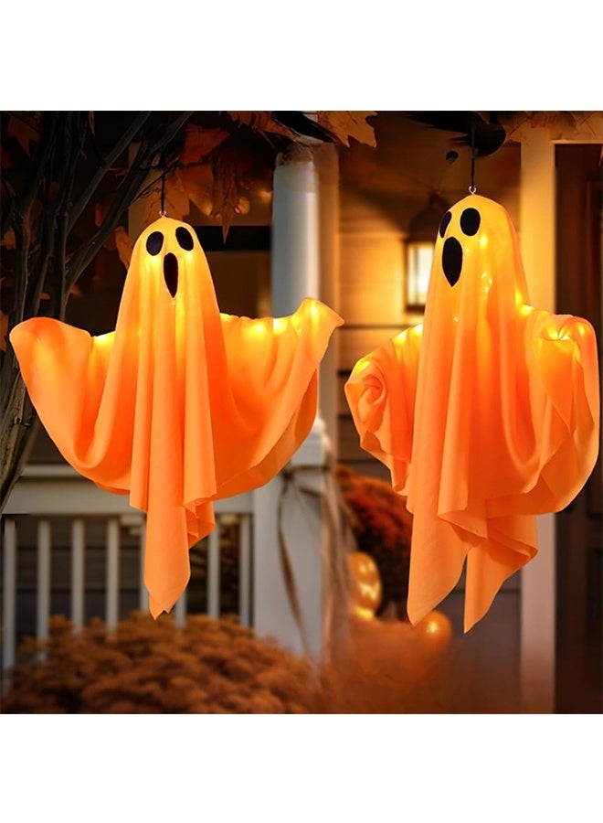 JCB CHIC Halloween Ghost Decorations Halloween Hanging Ghosts with Lights Halloween Decor Spooky Ghost Ornaments for Home Tree Garden Yard 2Pcs (Orange) - Image 1