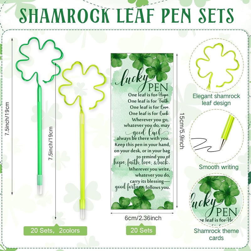 Chivertion 20 Pcs St. Patrick's Day Gift Patrick's Day Four Leaf Clover Pens Irish Lucky Black Ink Rollerball Pens Irish Presents with Cards Ties for School Office Classroom - Image 2